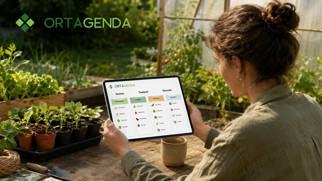 Immagine generata con IA: donna in serra controlla su tablet il calendario di semine, trapianti e raccolti diviso per stagione.