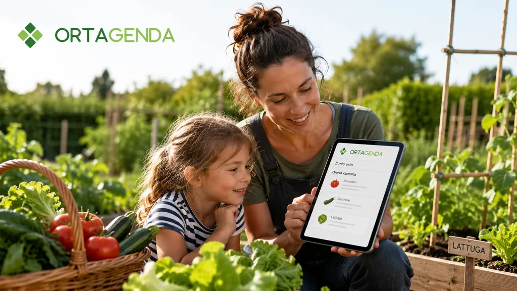 Immagine generata con IA: madre e figlia in un orto osservano su tablet il diario di raccolta di pomodori, zucchine e lattuga.