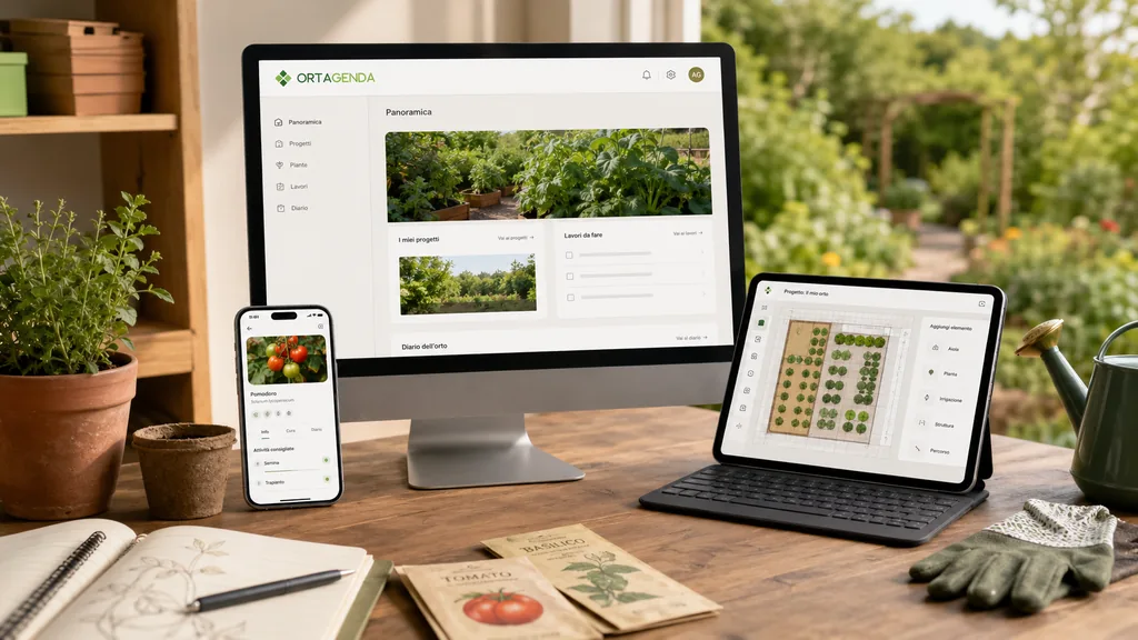 Immagine generata con IA: scrivania con monitor, tablet e smartphone che mostrano rispettivamente la panoramica dell'orto, il progetto di un'aiuola e la scheda di una pianta.